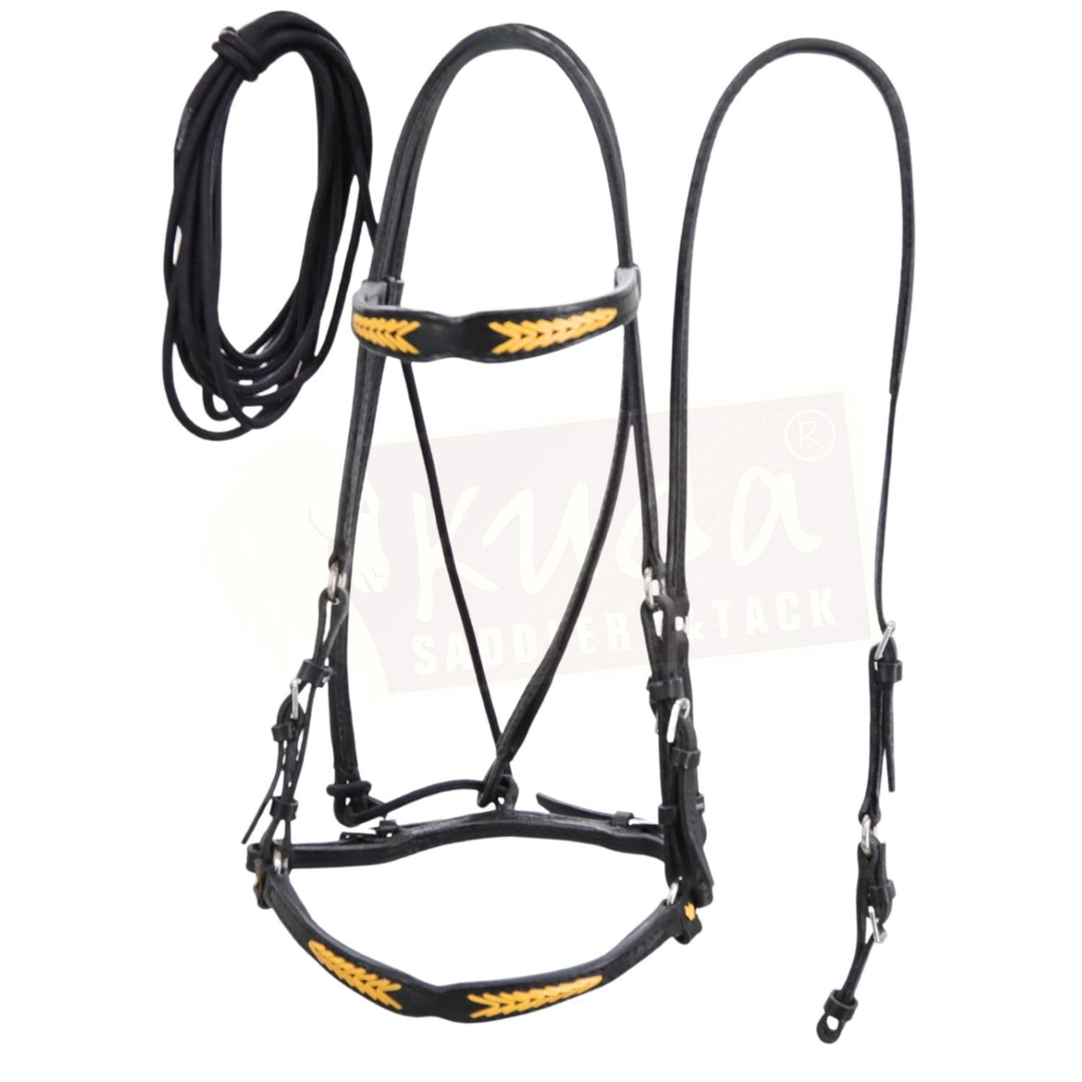 Black Leather Bridle with Yellow Accents, Bit Holder and Nylon Pisador