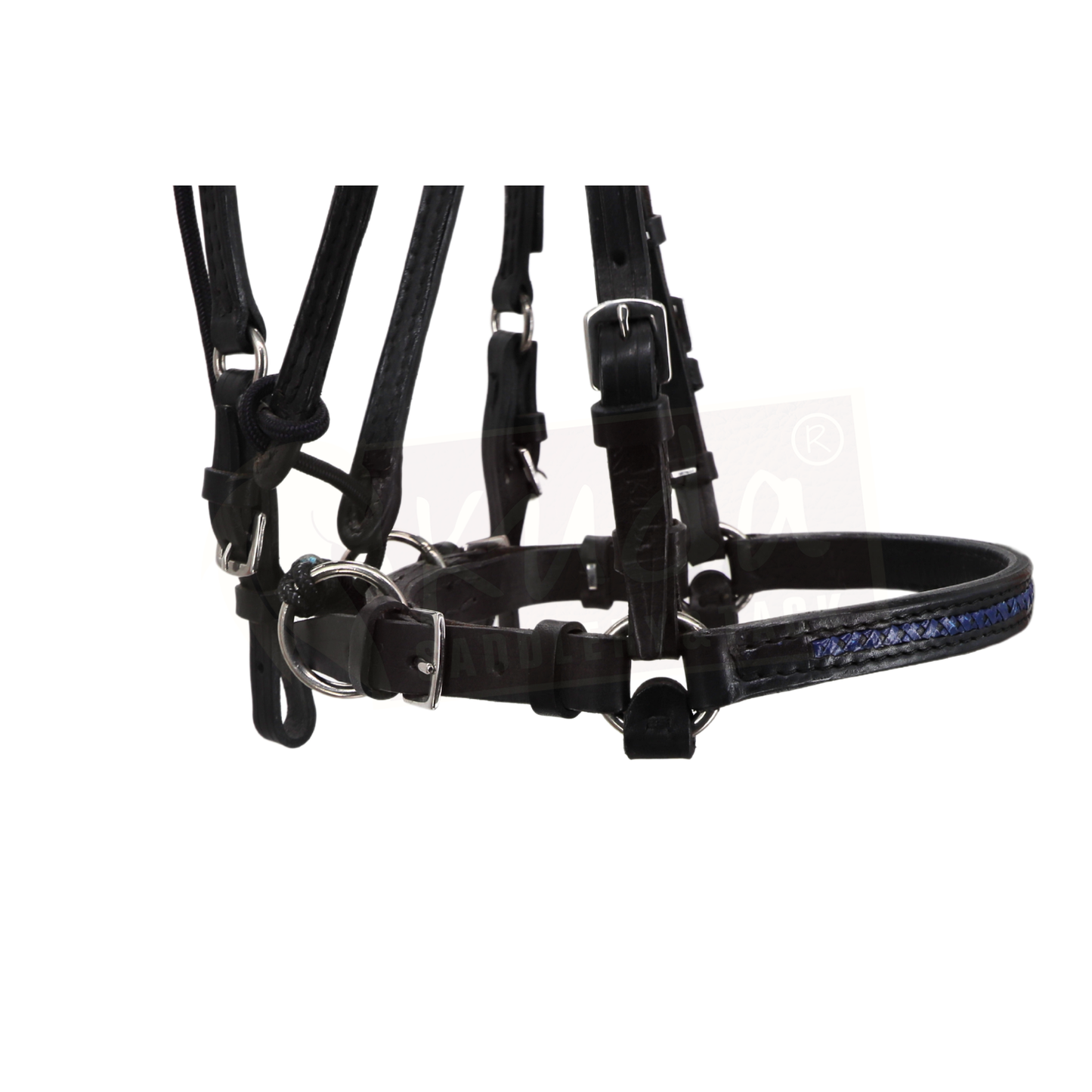 Black Leather Bridle with Braided blue Accents