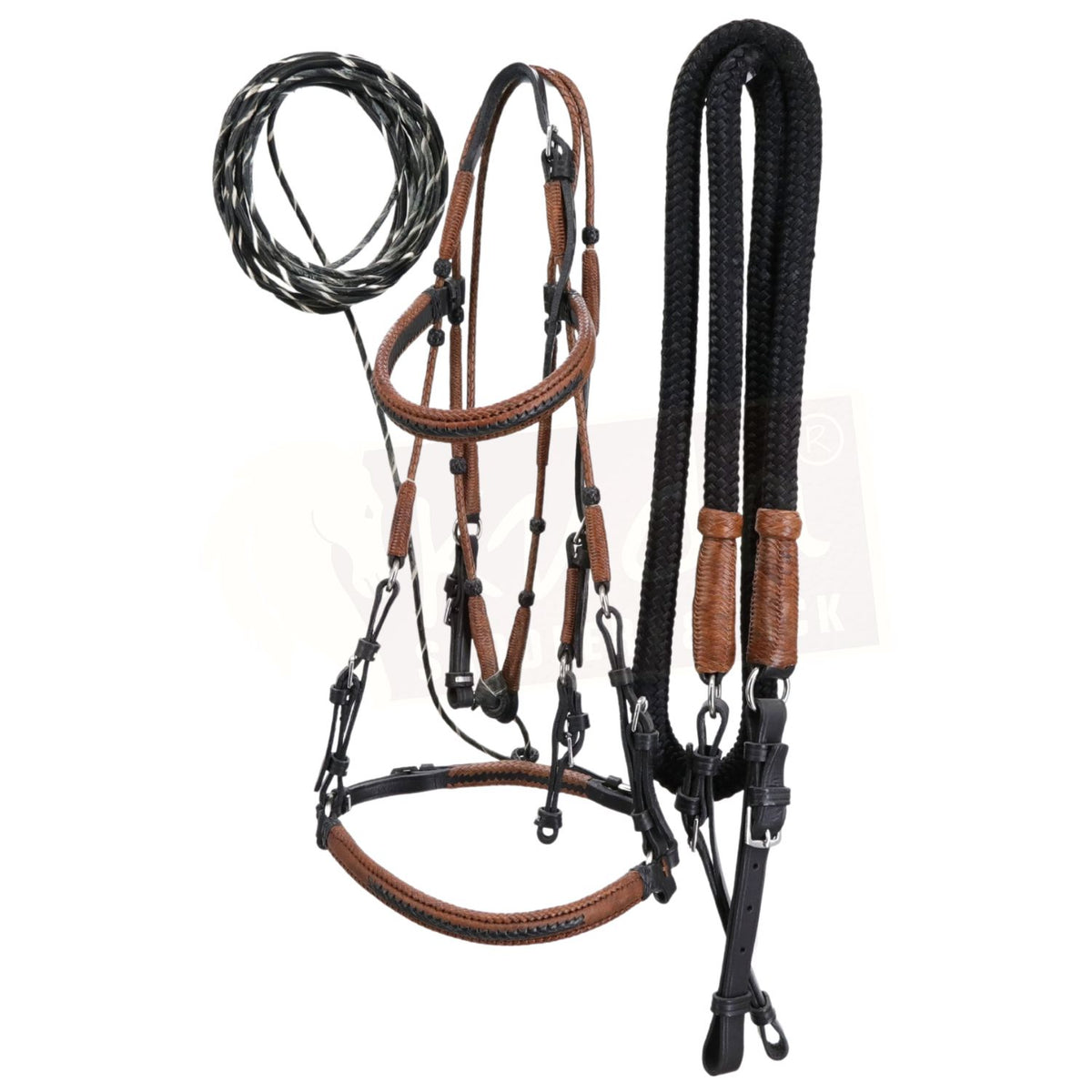Premium Black Bridle with Black & Light Brown Accents, and Matching Leather End Reins