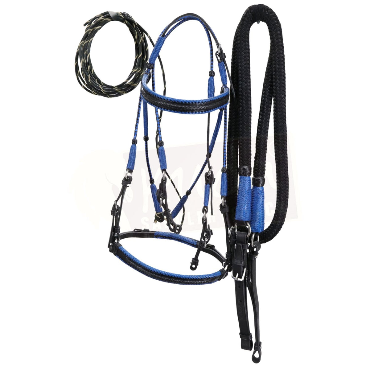 Premium Black Bridle with Black & Blue Accents, and Matching Leather End Reins