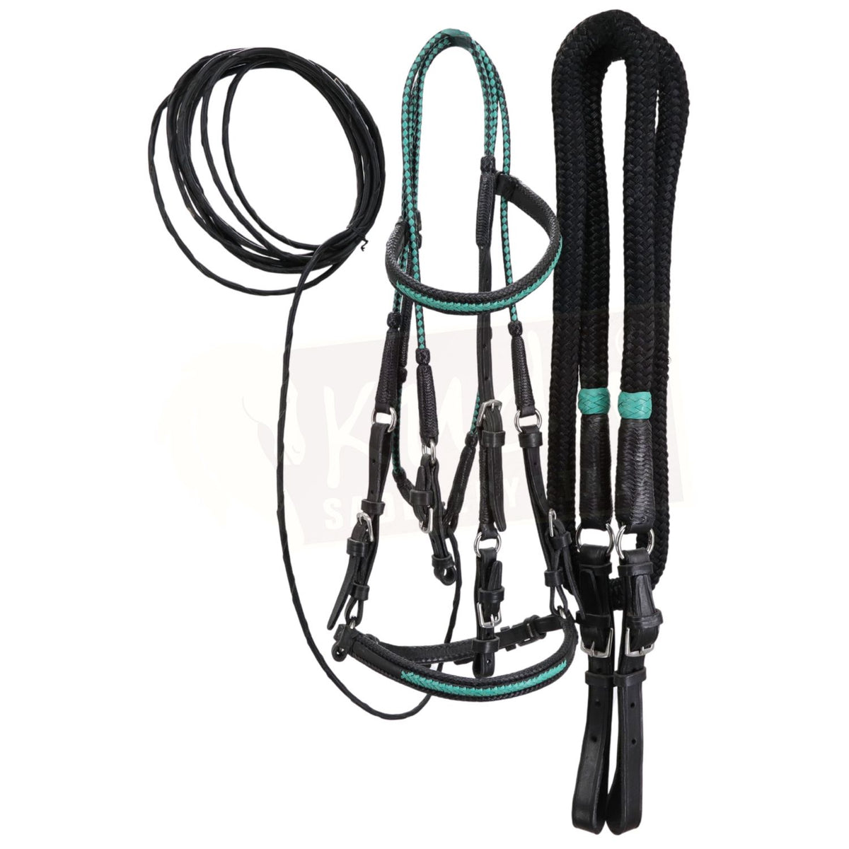 Premium Black Bridle with Dark Turquoise Green Accents and Matching Reins