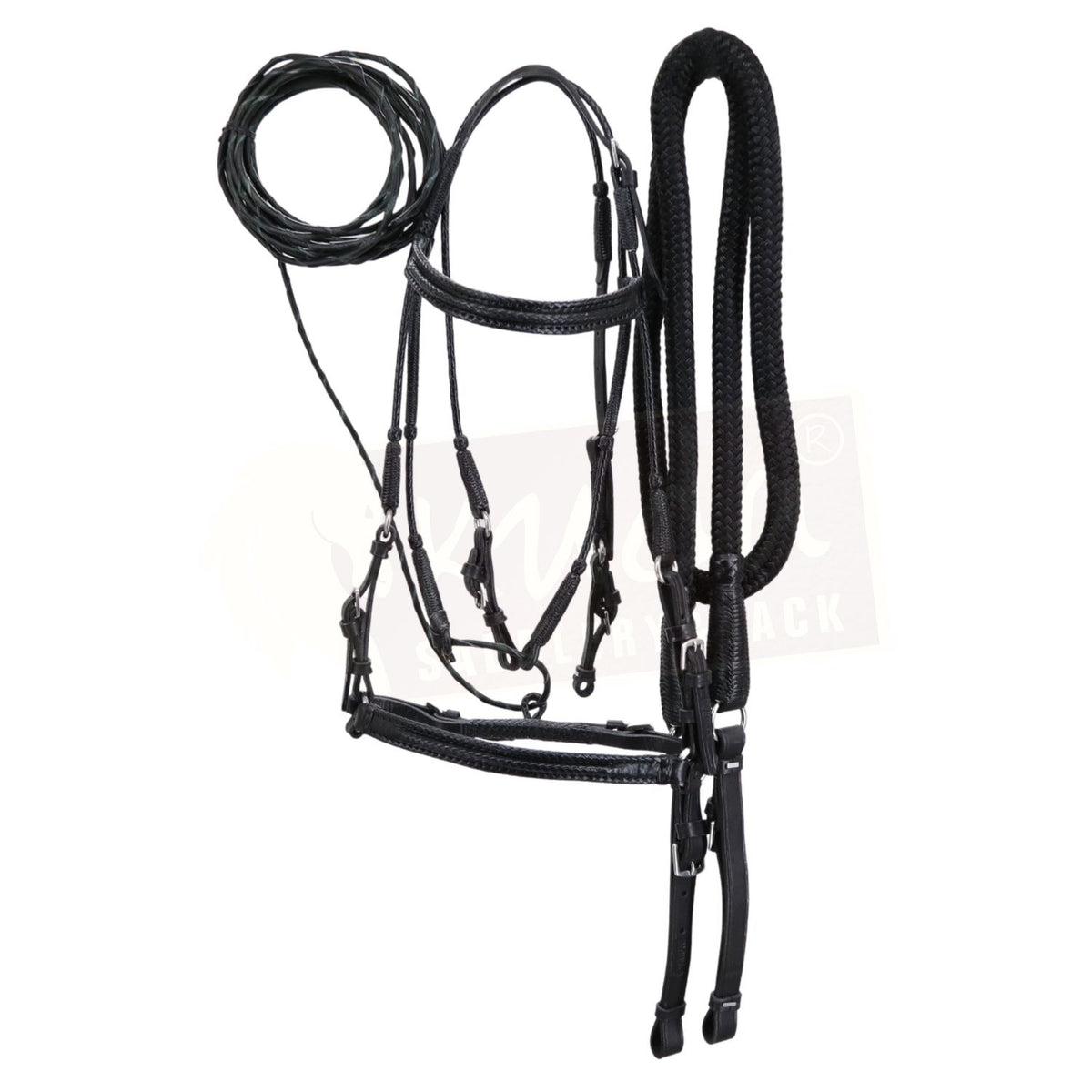 Black Leather Bridle Set with Leather-End Reins and Rawhide Pisador