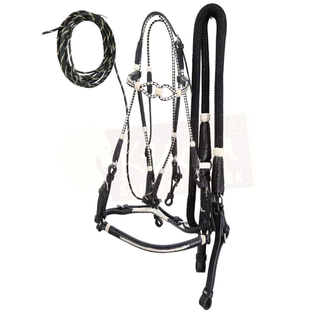 Premium Black Bridle with Black & White Accents, and Matching Leather End Reins