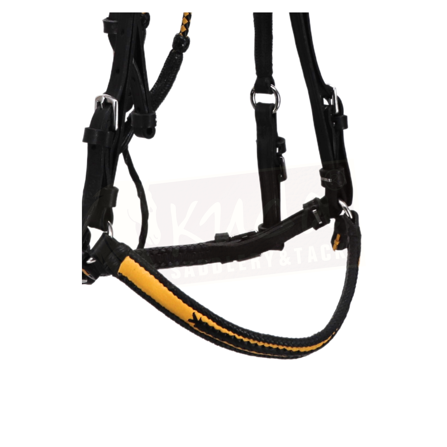 Premium Black Bridle with White & yellow Accents, and Matching Leather End Reins