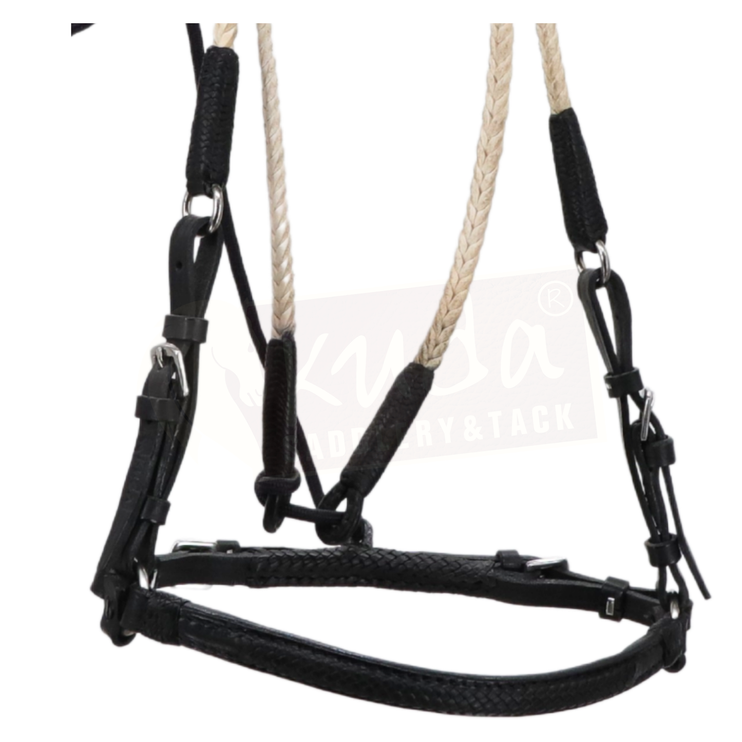 Brida trenzada de cuero crudo con detalles negros y portabrocas a juego