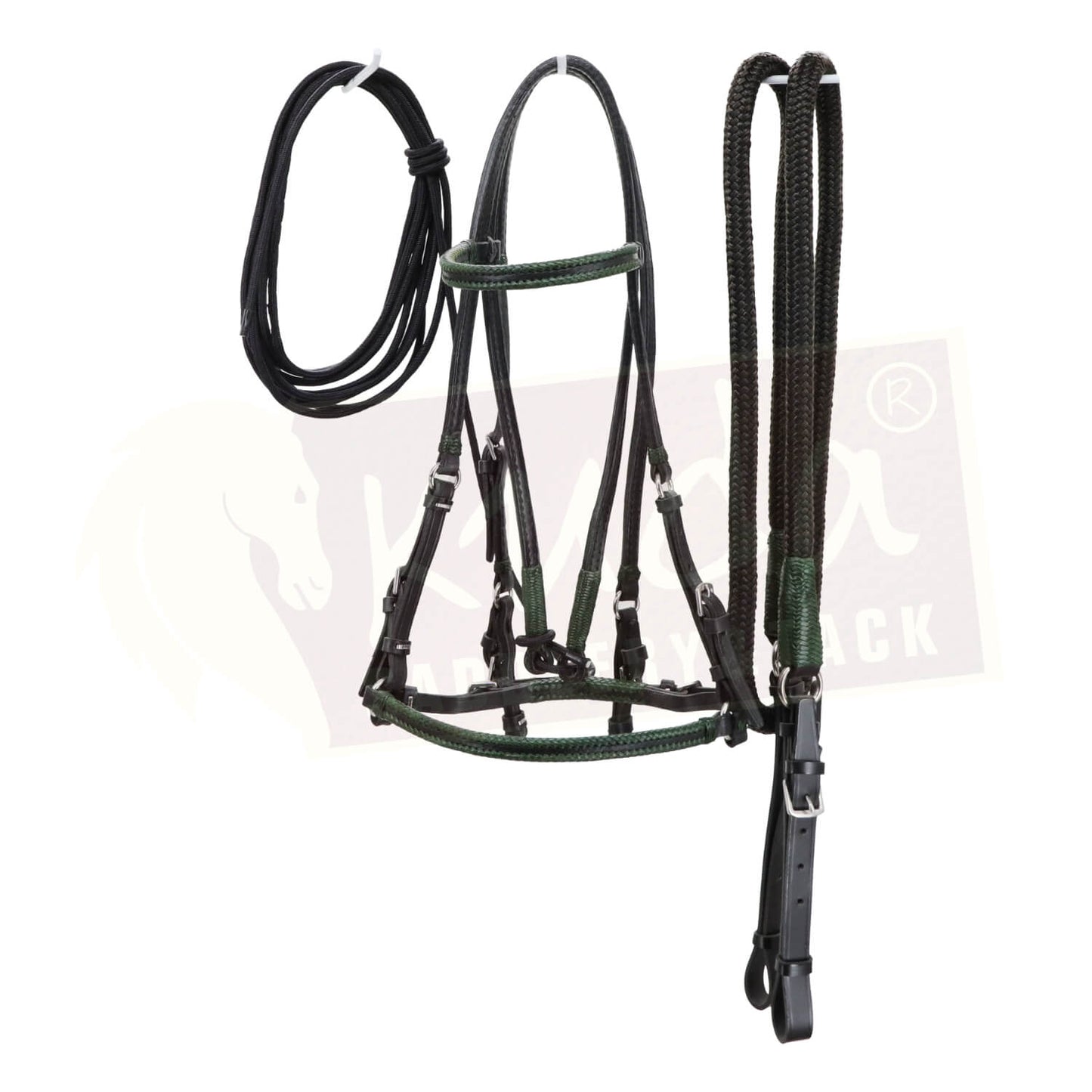 Black Leather Bridle with Dark Green Accents, and Matching Leather End Reins