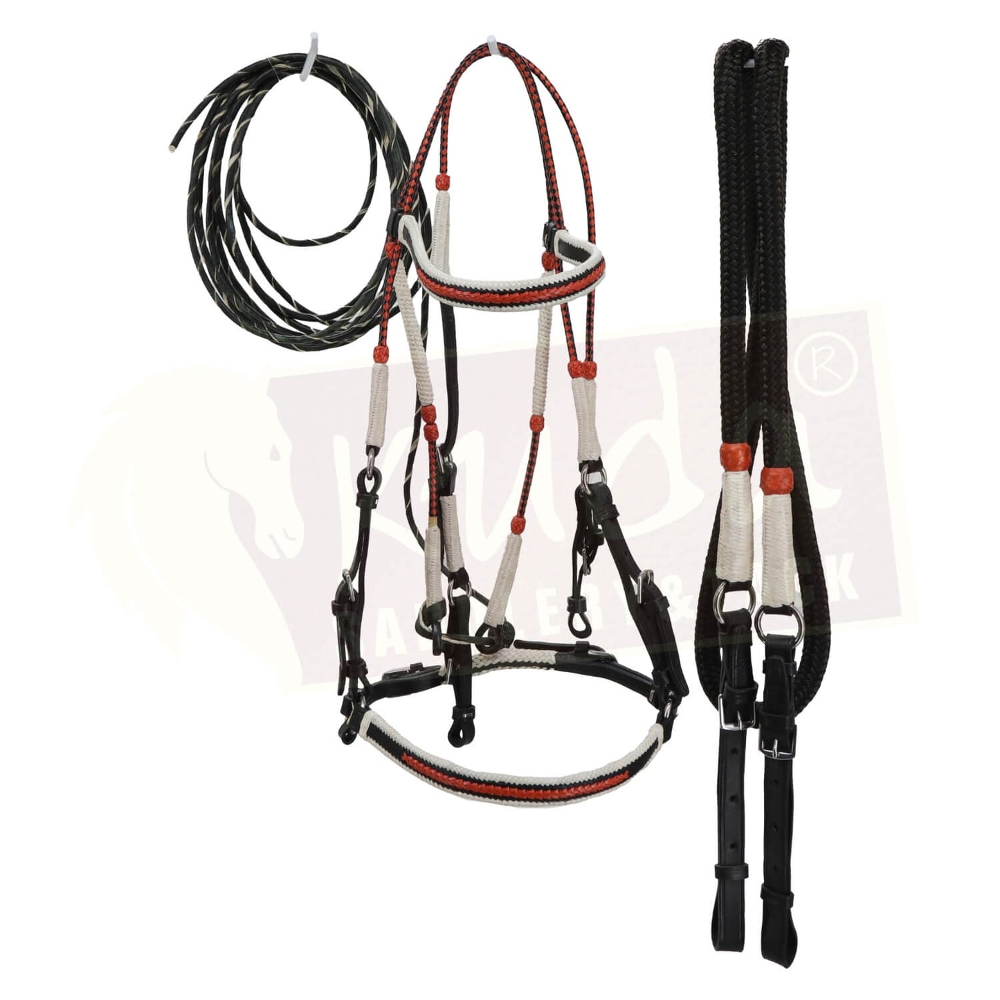 Premium Black Bridle with White & Orange Accents, and Matching Leather End Reins