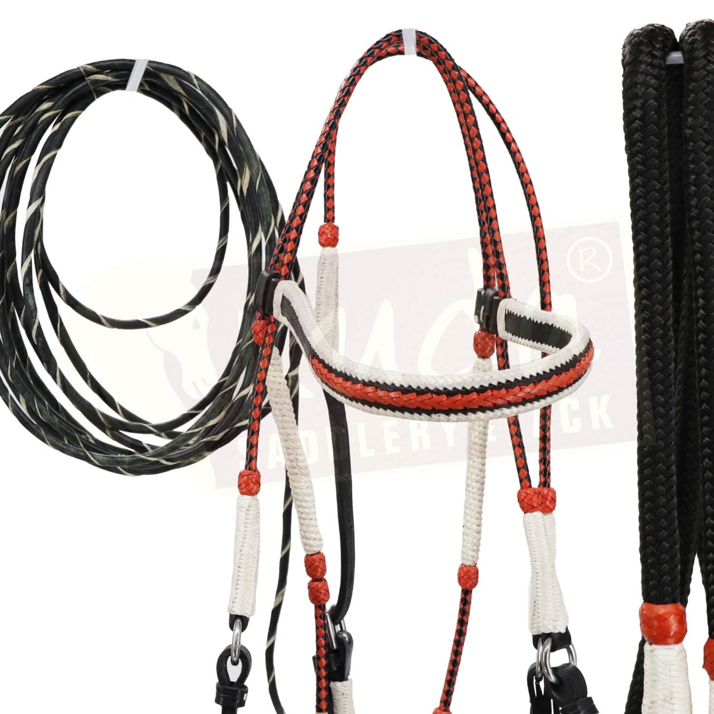 Premium Black Bridle with White & Orange Accents, and Matching Leather End Reins