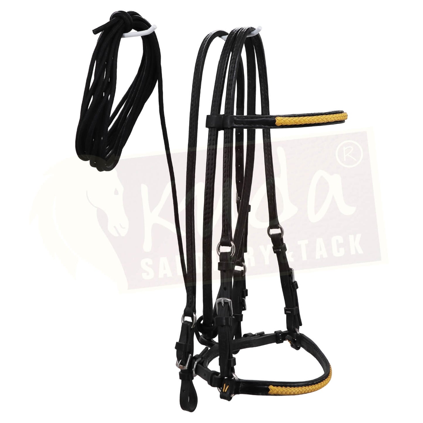 Black Leather Bridle with Braided Yellow Accents