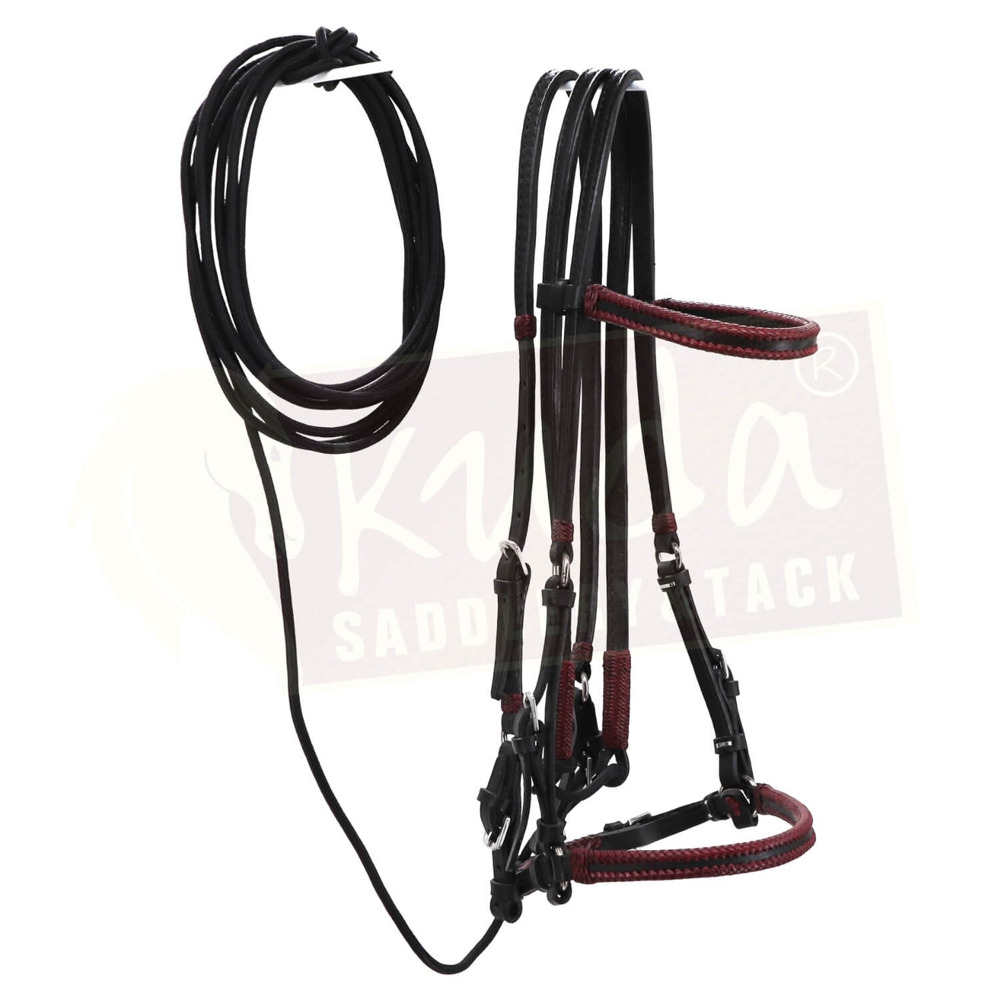 Black Leather Bridle with Burgundy Accents and Matching S.S. Snap Reins