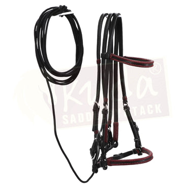 Black Leather Bridle with Burgundy Accents and Matching S.S. Snap Reins