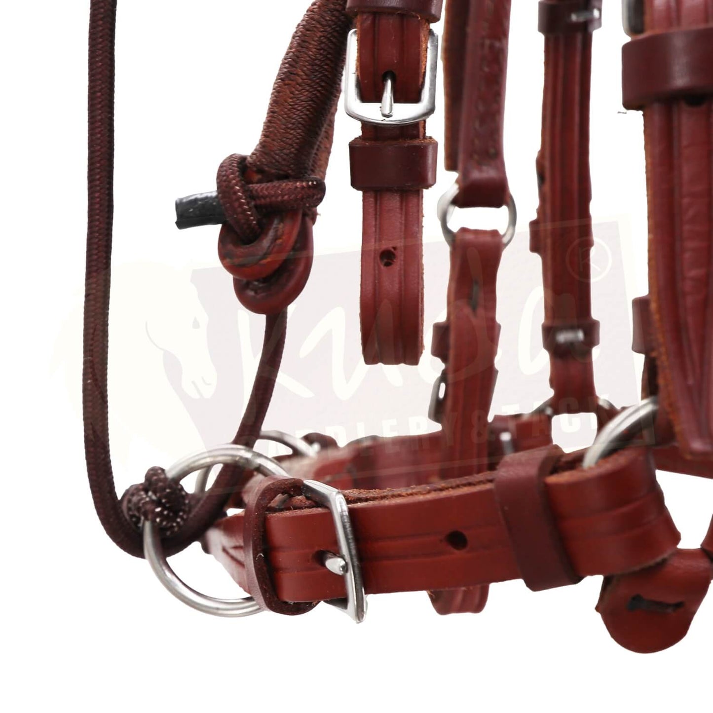 Brown Nylon/Leather - Training/Bitless Bridle with White Accents