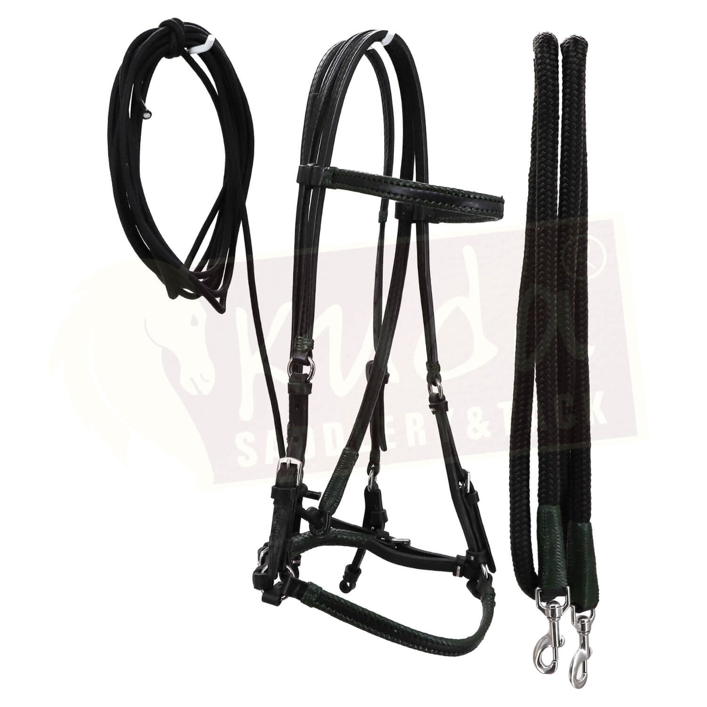 Black Leather Bridle with Dark Green Accents and Matching S.S. Snap Reins