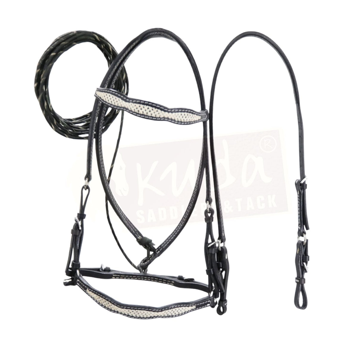 Black Leather Bridle with Special White Accents, Bit Holder and Rawhide Pisador