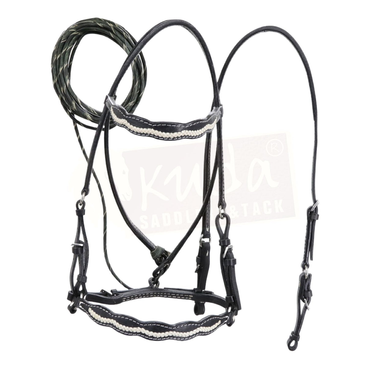 Black Leather Bridle with Braided White Accents, Matching Bit Holder & Rawhide Pisador
