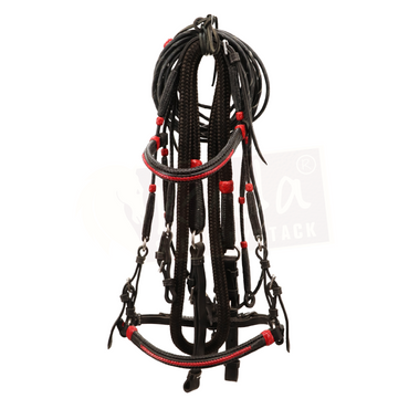 Premium Black Bridle with Red Accents and Matching Leather End Reins