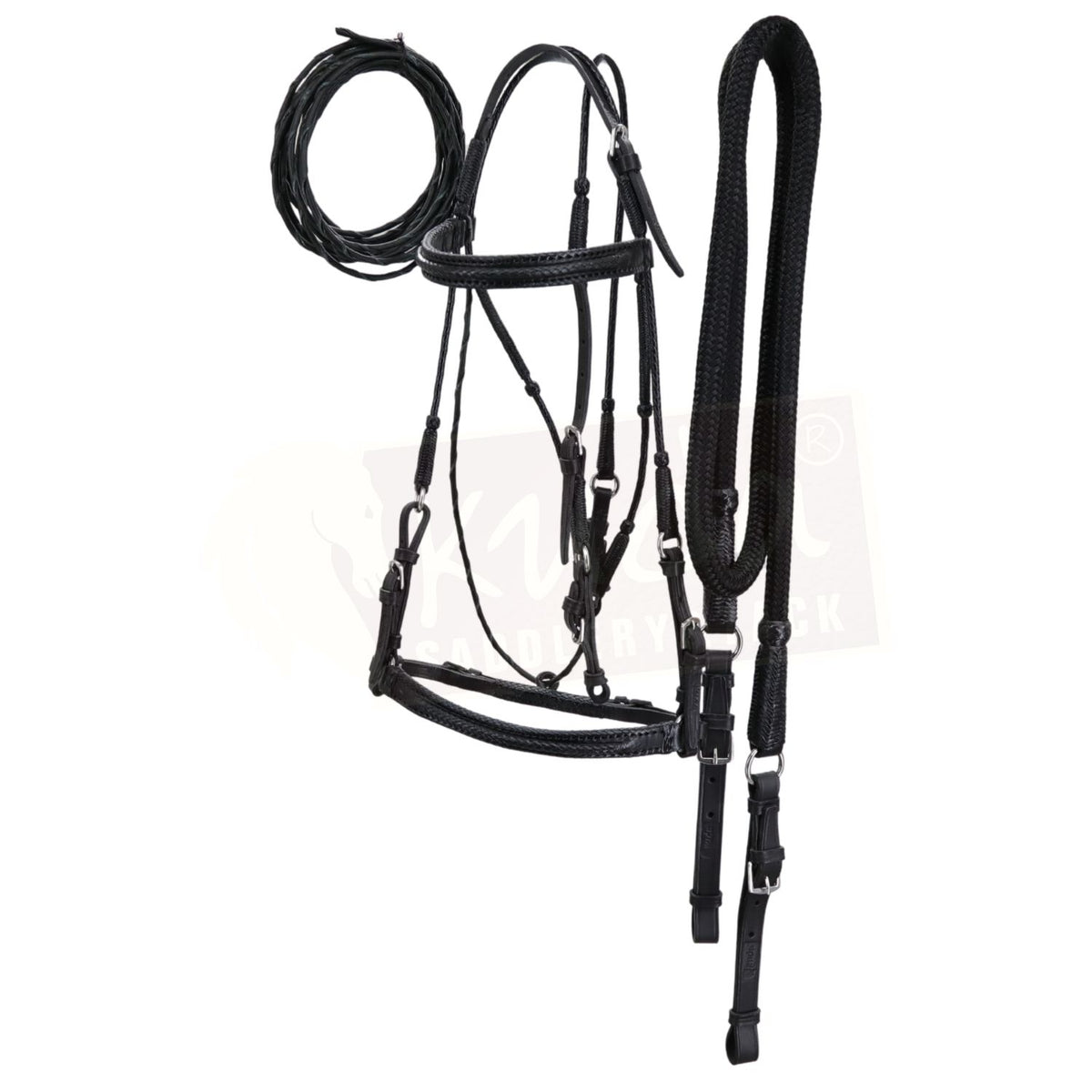 Black Leather Bridle Set with Leather-End Reins