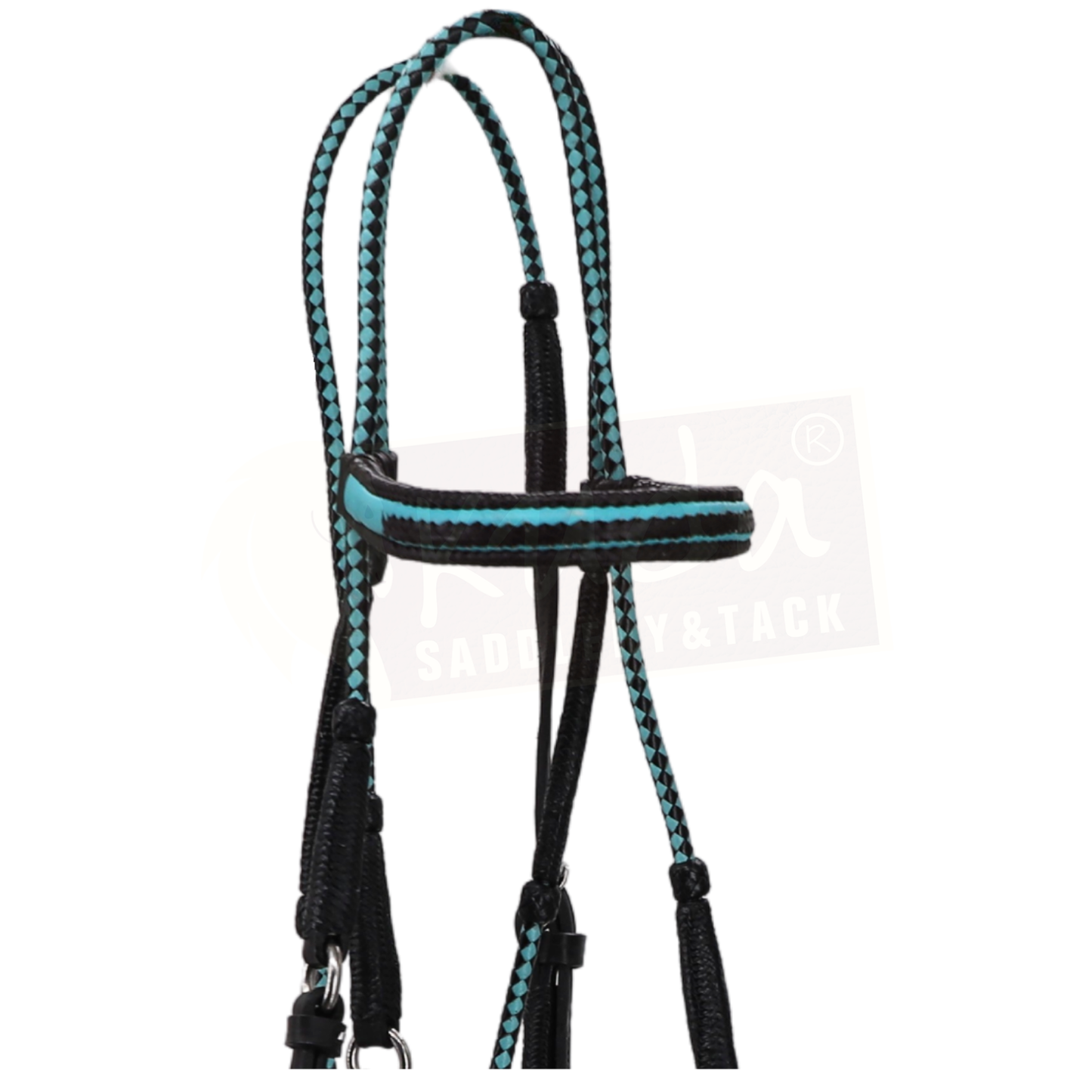 Premium Black Bridle with White & blue Accents, and Matching Leather End Reins