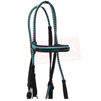 Premium Black Bridle with White & blue Accents, and Matching Leather End Reins