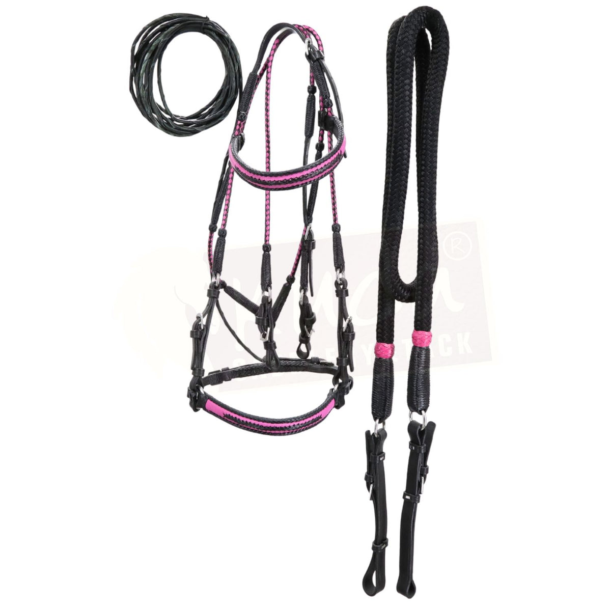 Premium Black Bridle with Black &  Pink Accents, and Matching Leather End Reins