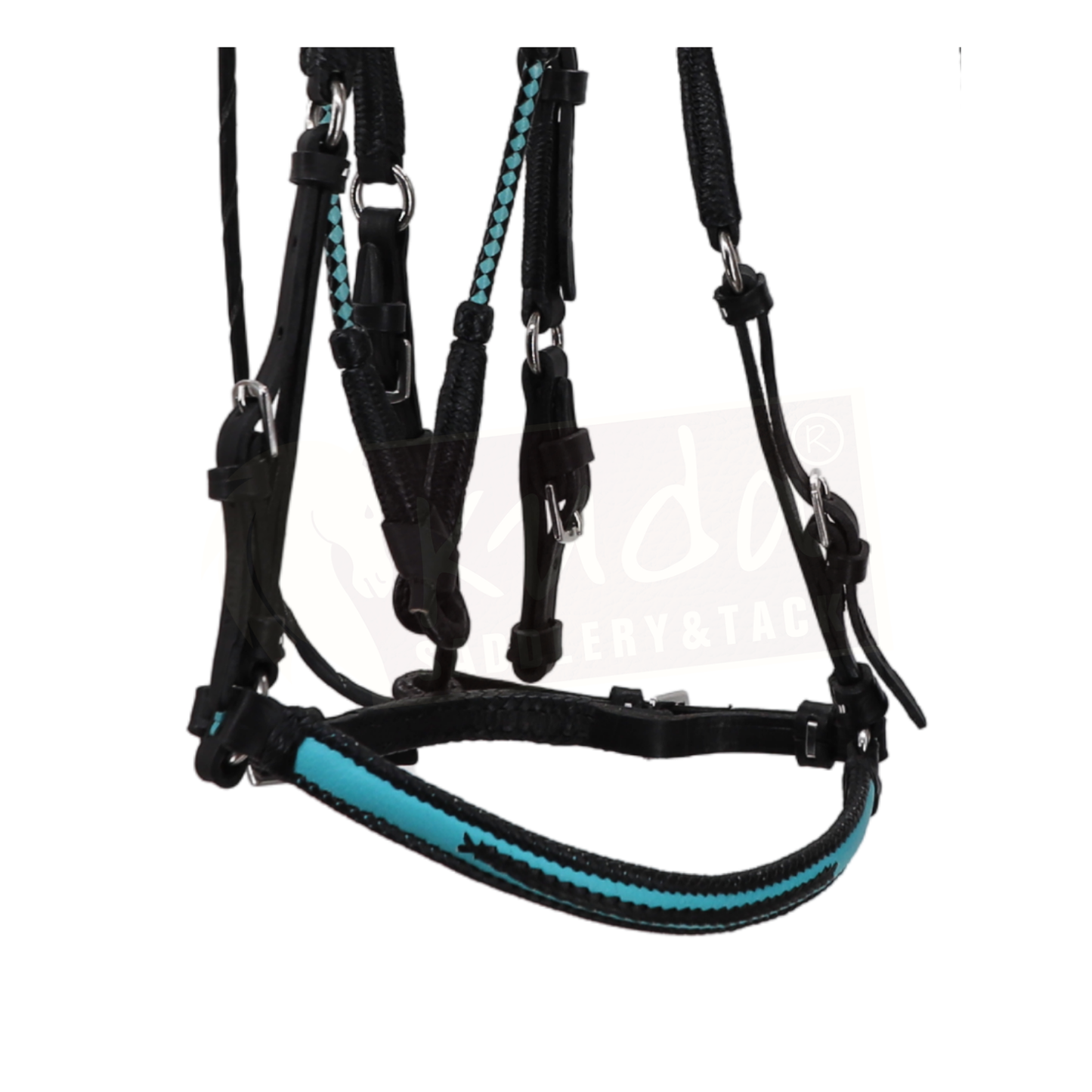 Premium Black Bridle with White & blue Accents, and Matching Leather End Reins