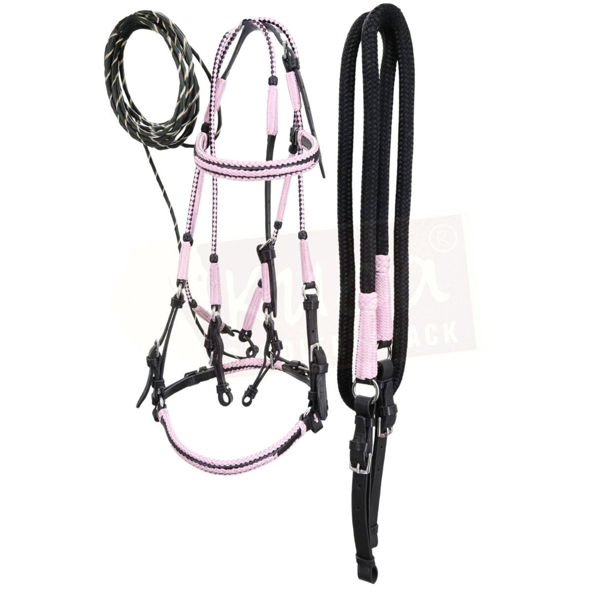 Premium Black Bridle with Black & Baby Pink Accents, and Matching Leather End Reins