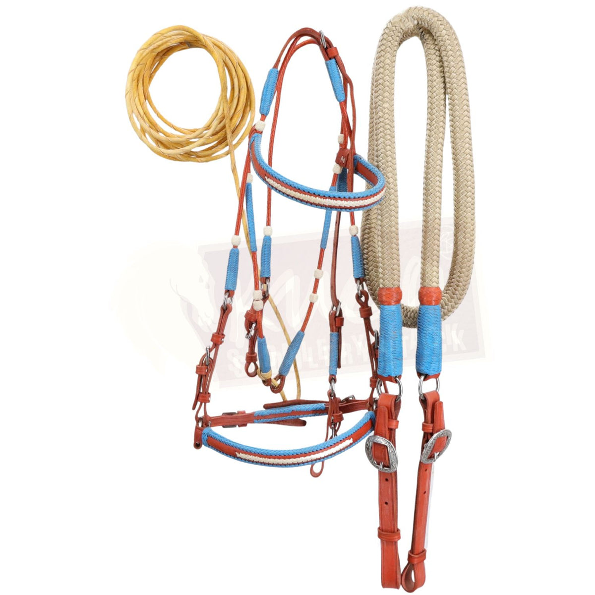 Premium Black Bridle with Russet Brown & Light Blue Accents, and Matching Leather End Reins