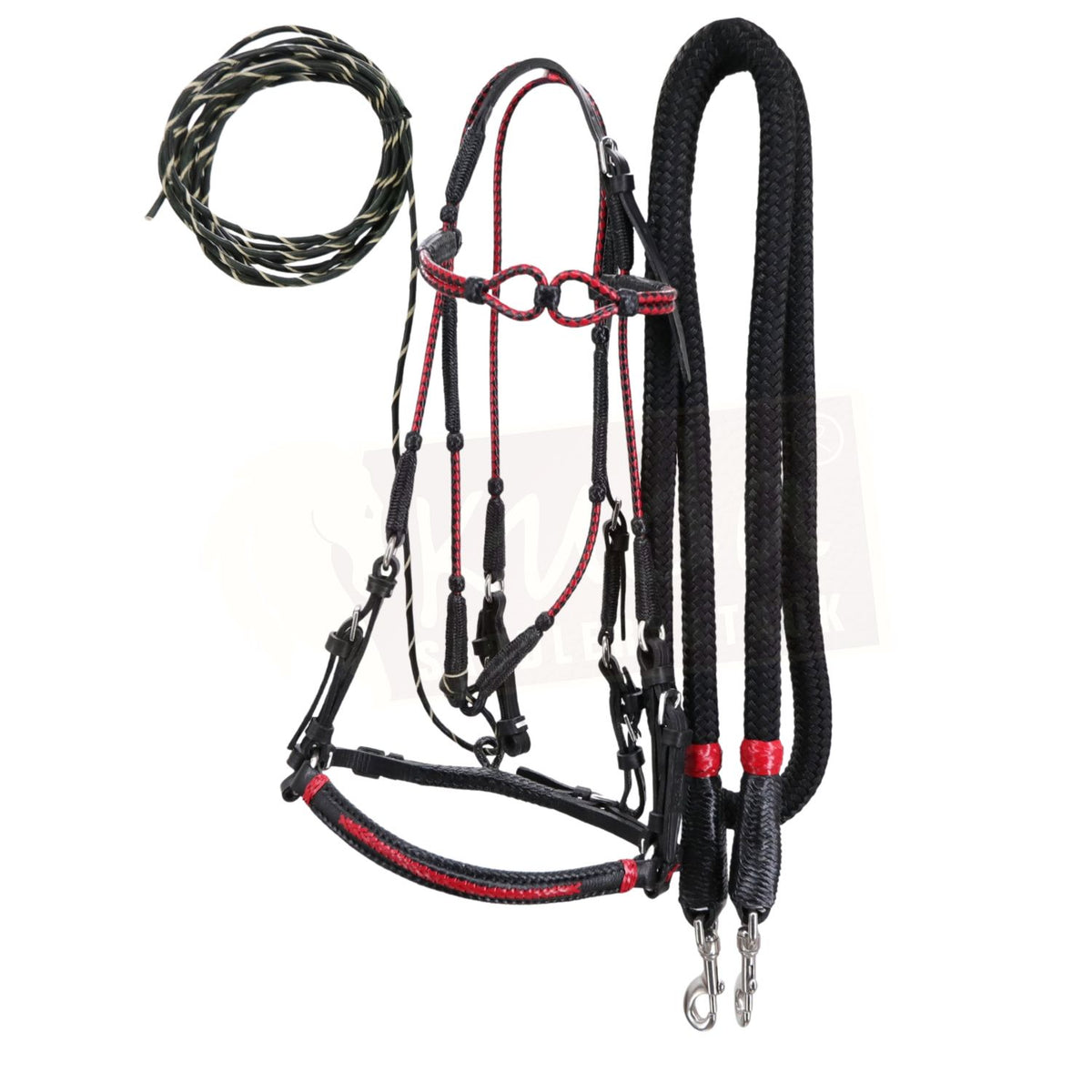 Premium Black Bridle with Red Accents and Matching Reins