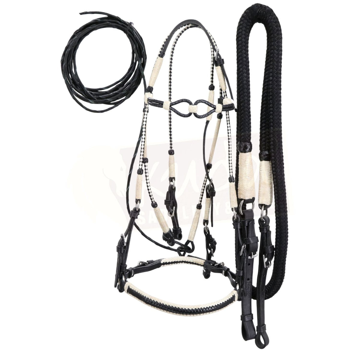 Premium Black Bridle with Black & White Accents, and Matching Leather End Reins