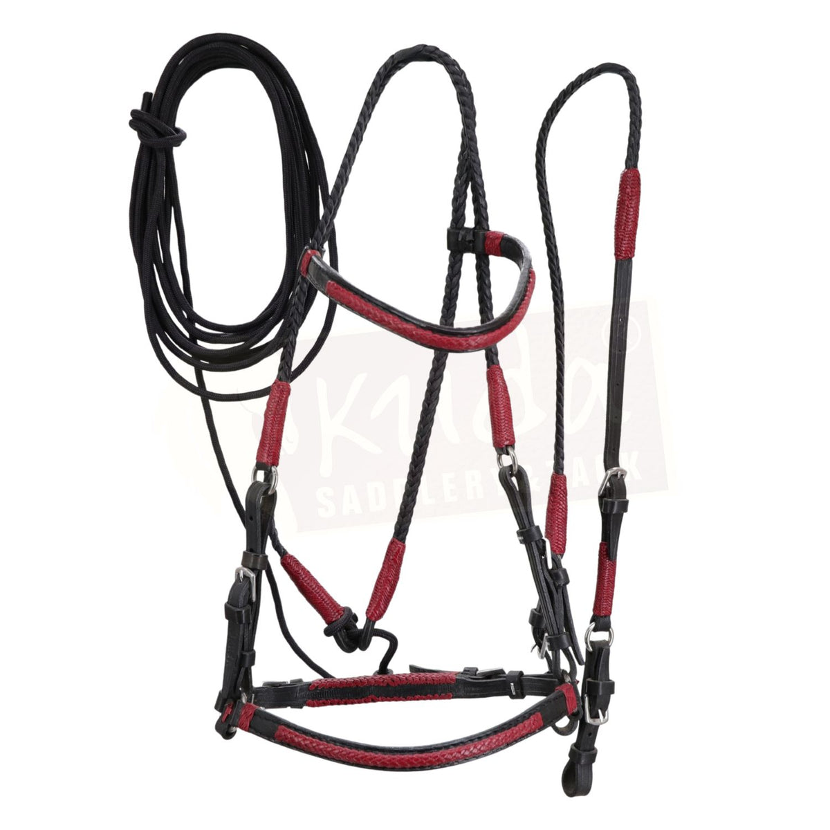 Fully Braided Black Rawhide Bridle Set with Red Accents & Black Nylon Pisador