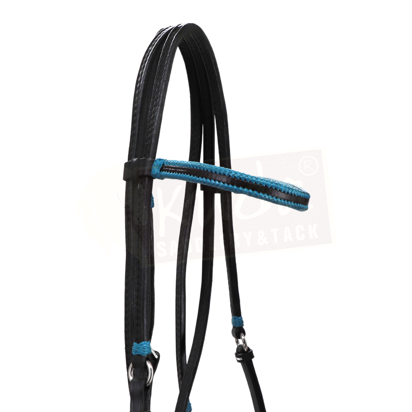 Black Leather Bridle with Blue Accents, and Matching Matching S.S. Snap Reins