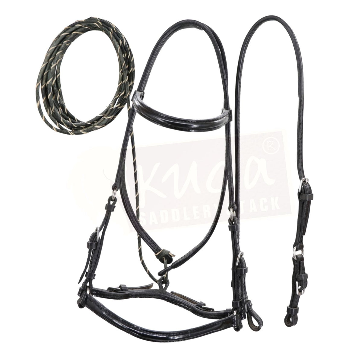 All Black Leather Show Bridle with Bit Holder and Rawhide Pisador