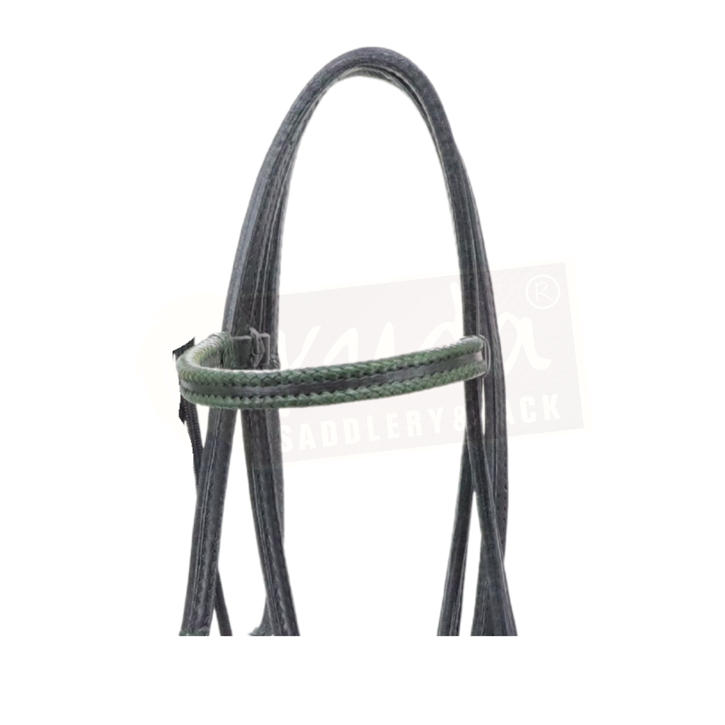 Black Leather Bridle with Dark Green Accents, and Matching Leather End Reins