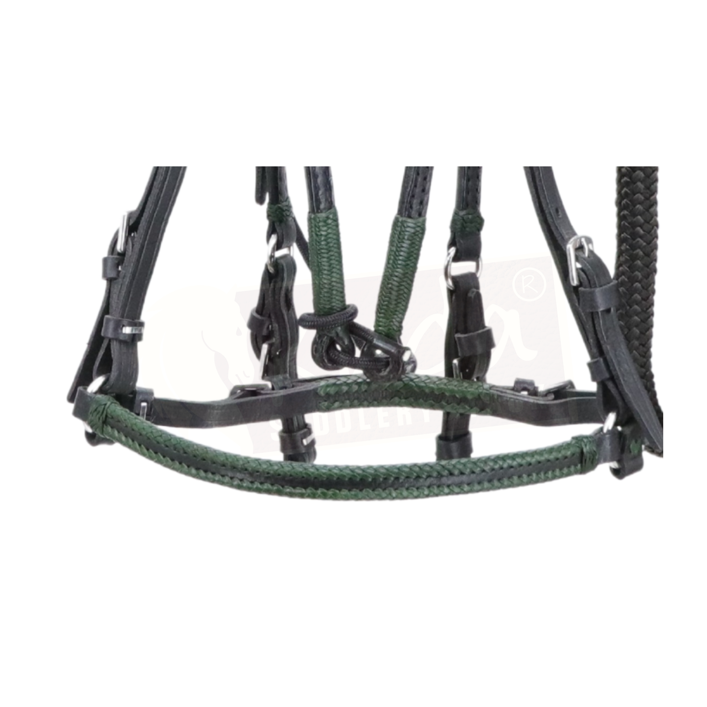 Black Leather Bridle with Dark Green Accents, and Matching Leather End Reins