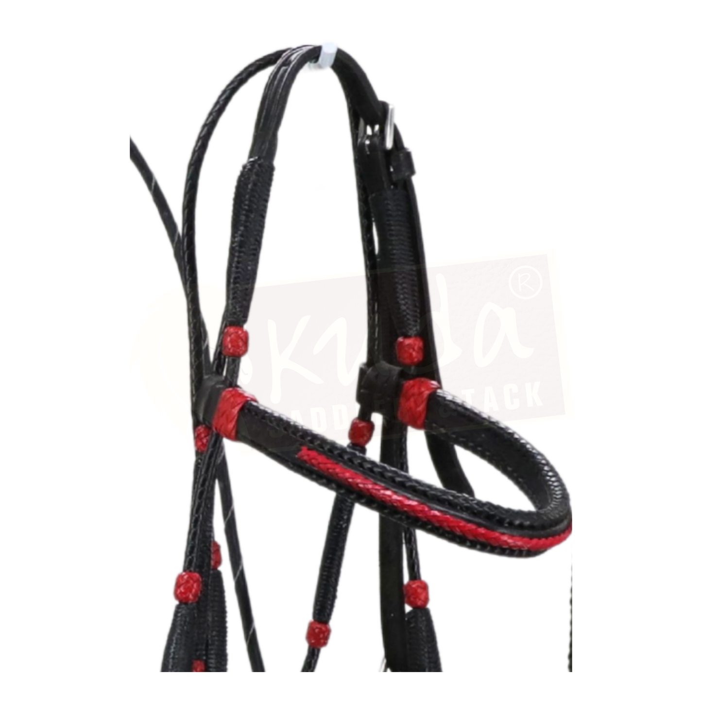 Premium Black Bridle with Red Accents and Matching Leather End Reins