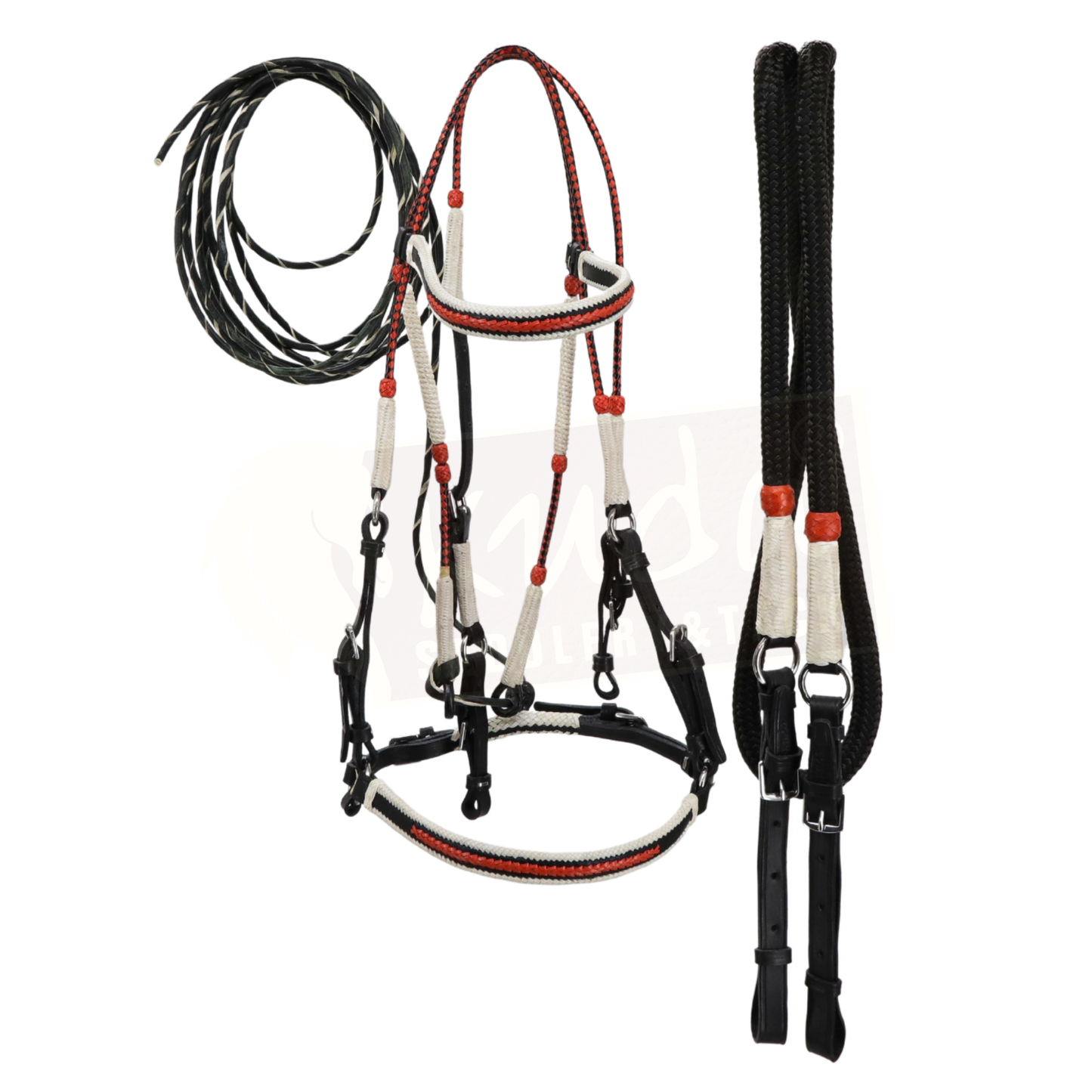 Premium Black Bridle with White & Orange Accents, and Matching Leather End Reins