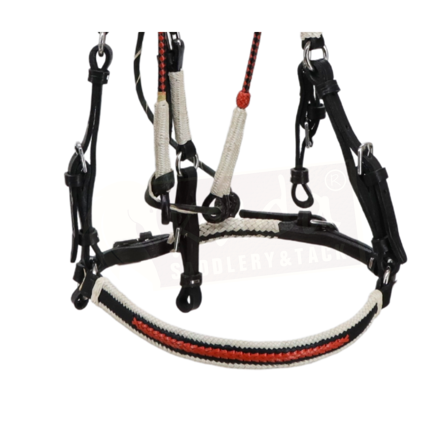 Premium Black Bridle with White & Orange Accents, and Matching Leather End Reins