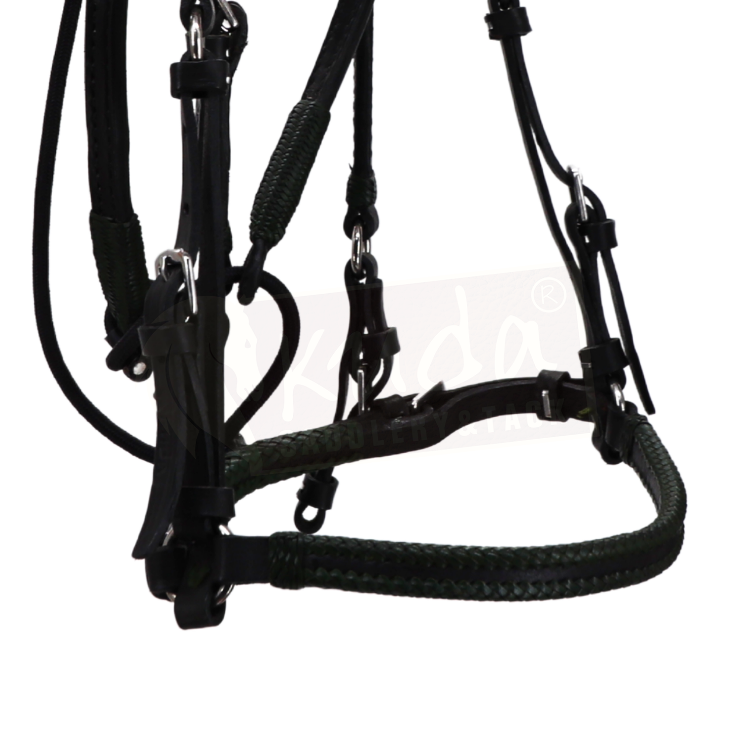 Black Leather Bridle with Dark Green Accents and Matching S.S. Snap Reins