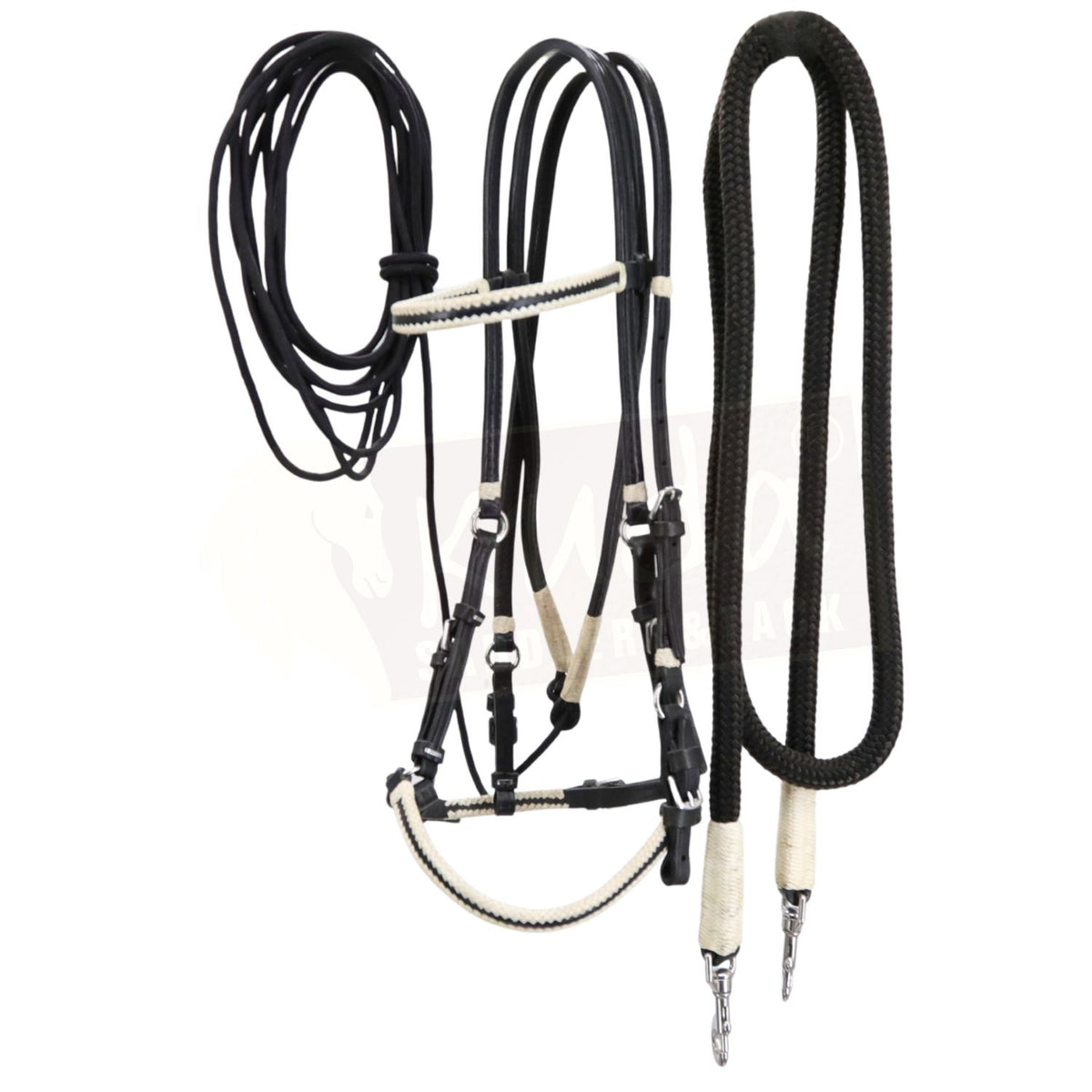 Black Leather Bridle Set with White Accents, Leather-End Reins and Nylon Pisador