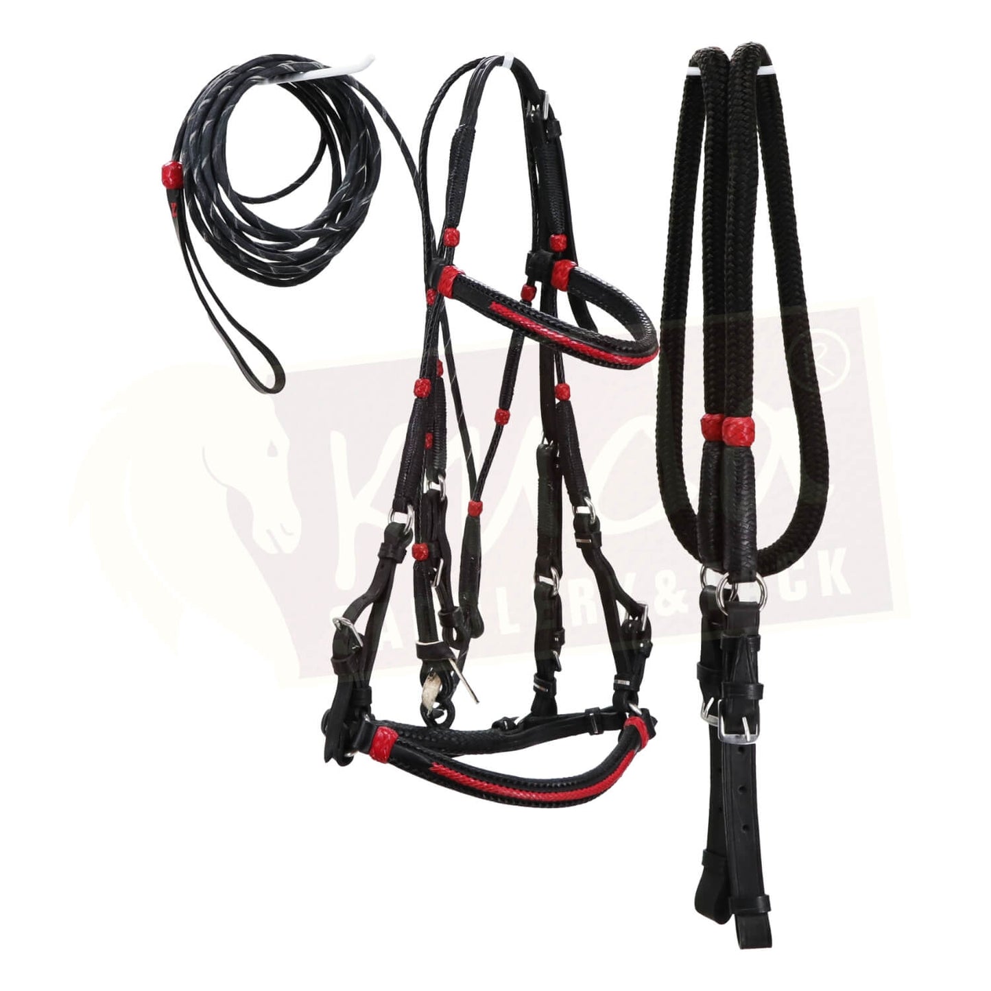 Premium Black Bridle with Red Accents and Matching Leather End Reins