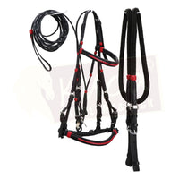 Premium Black Bridle with Red Accents and Matching Leather End Reins