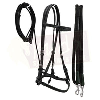 Black Leather Bridle with Dark Green Accents and Matching S.S. Snap Reins