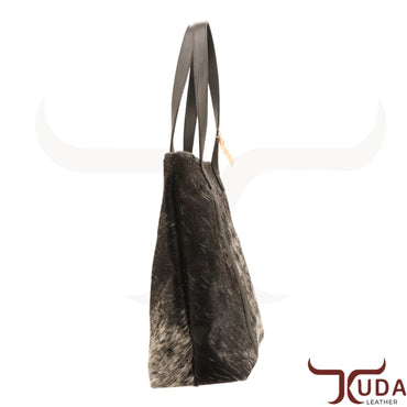 THE JULES – High-quality smooth Black leather shoulder bag with Black & White Speckled Genuine Cowhide and smooth Black leather straps