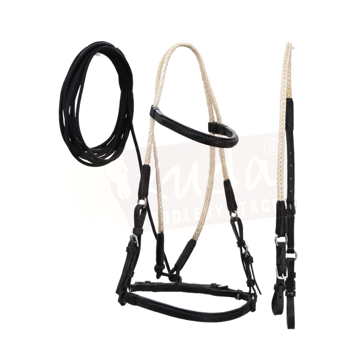 Brida trenzada de cuero crudo con detalles negros y portabrocas a juego