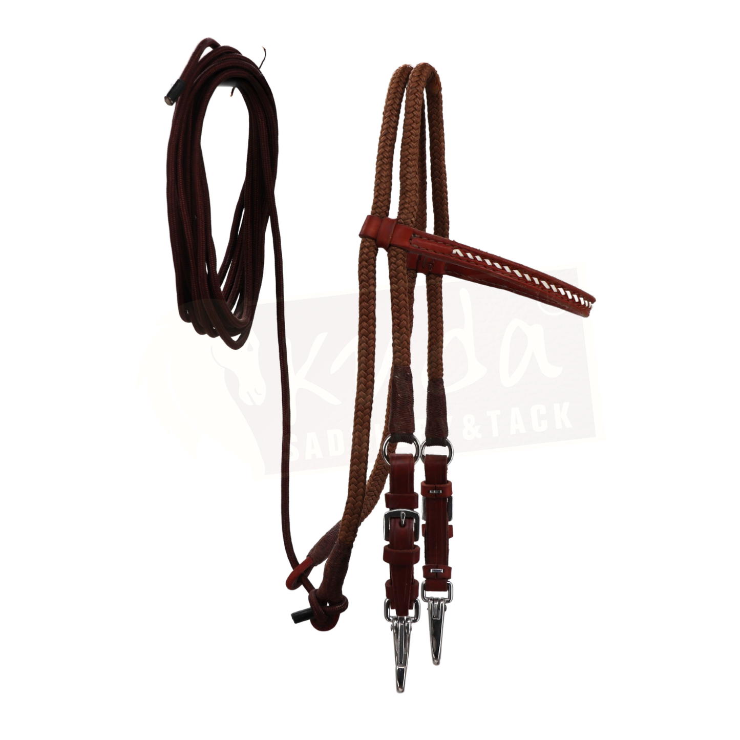 Brown Nylon/Leather Headstall with White Accents and S.S. Snaps