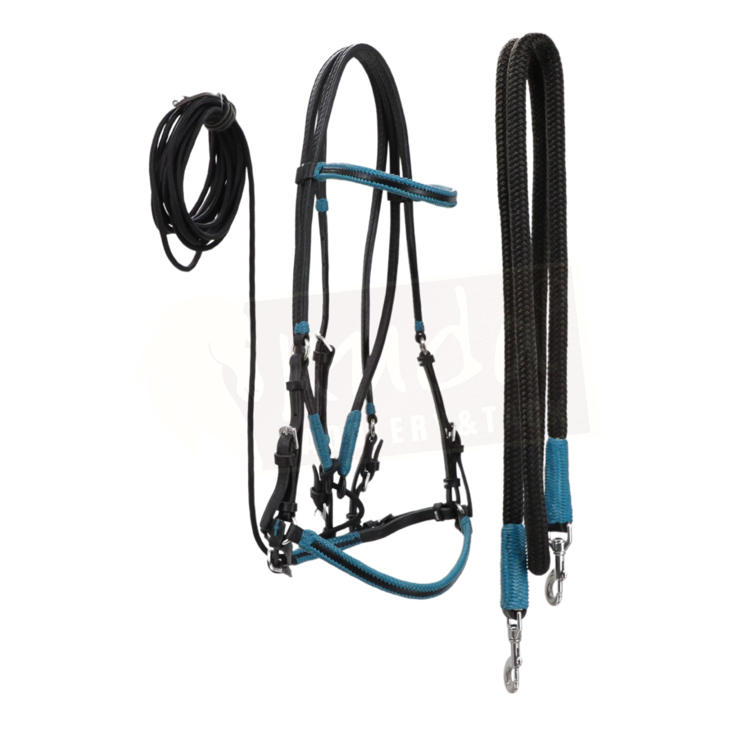Black Leather Bridle with Blue Accents, and Matching Matching S.S. Snap Reins