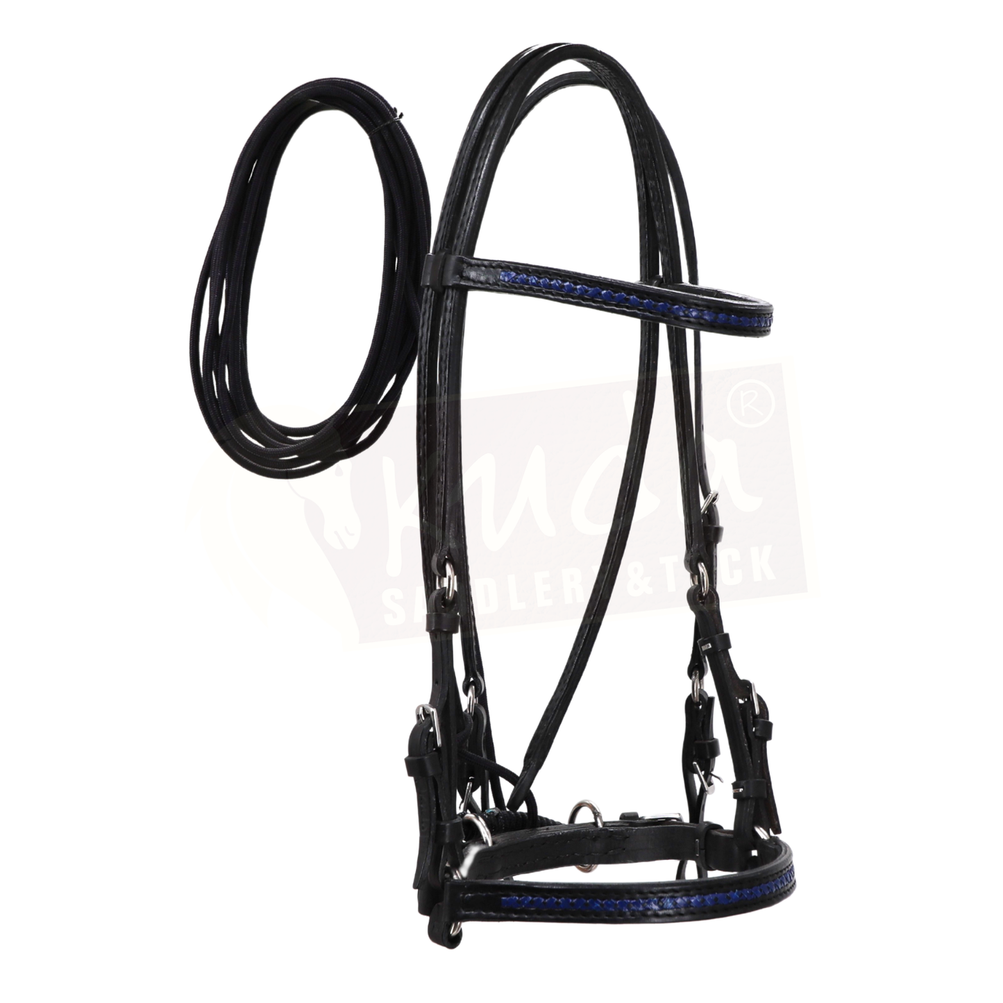 Black Leather Bridle with Braided blue Accents