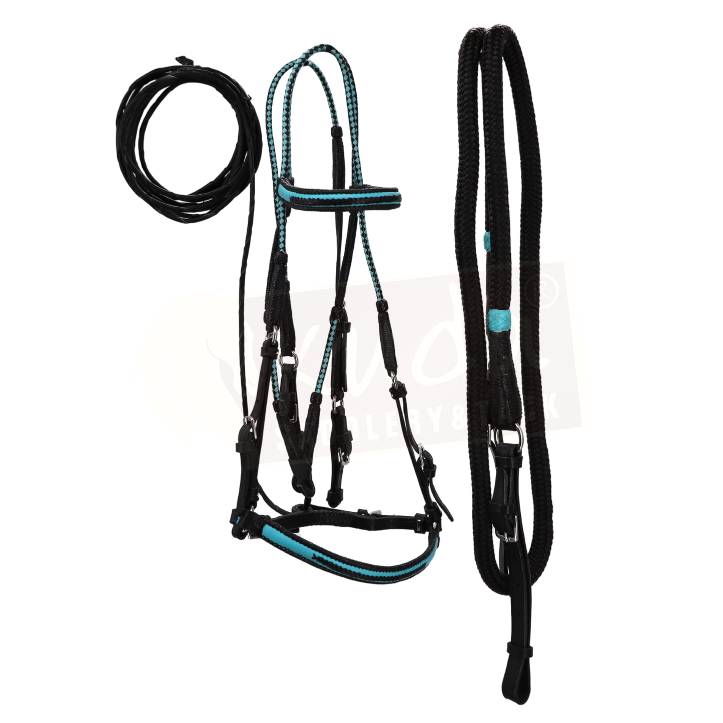 Premium Black Bridle with White & blue Accents, and Matching Leather End Reins