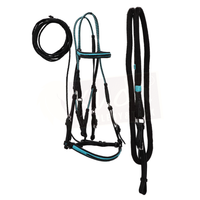 Premium Black Bridle with White & blue Accents, and Matching Leather End Reins