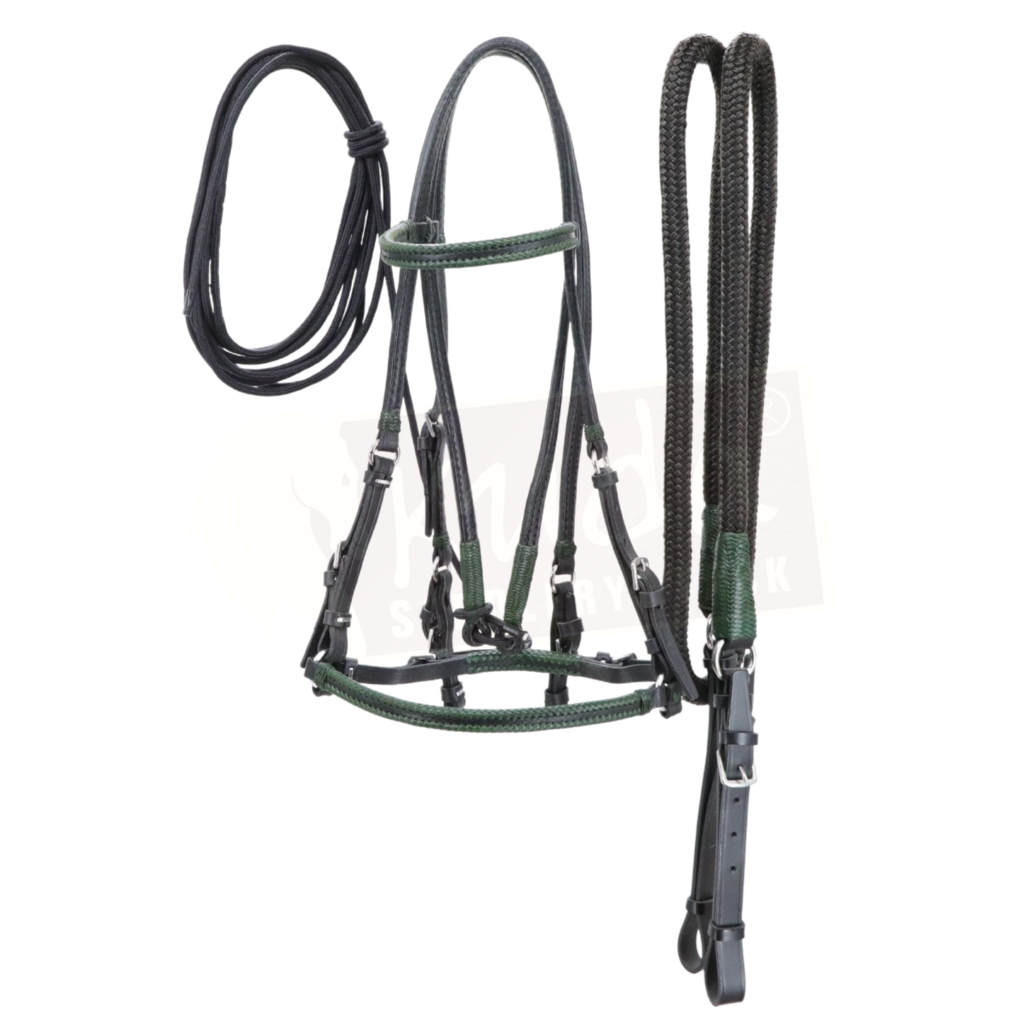 Black Leather Bridle with Dark Green Accents, and Matching Leather End Reins